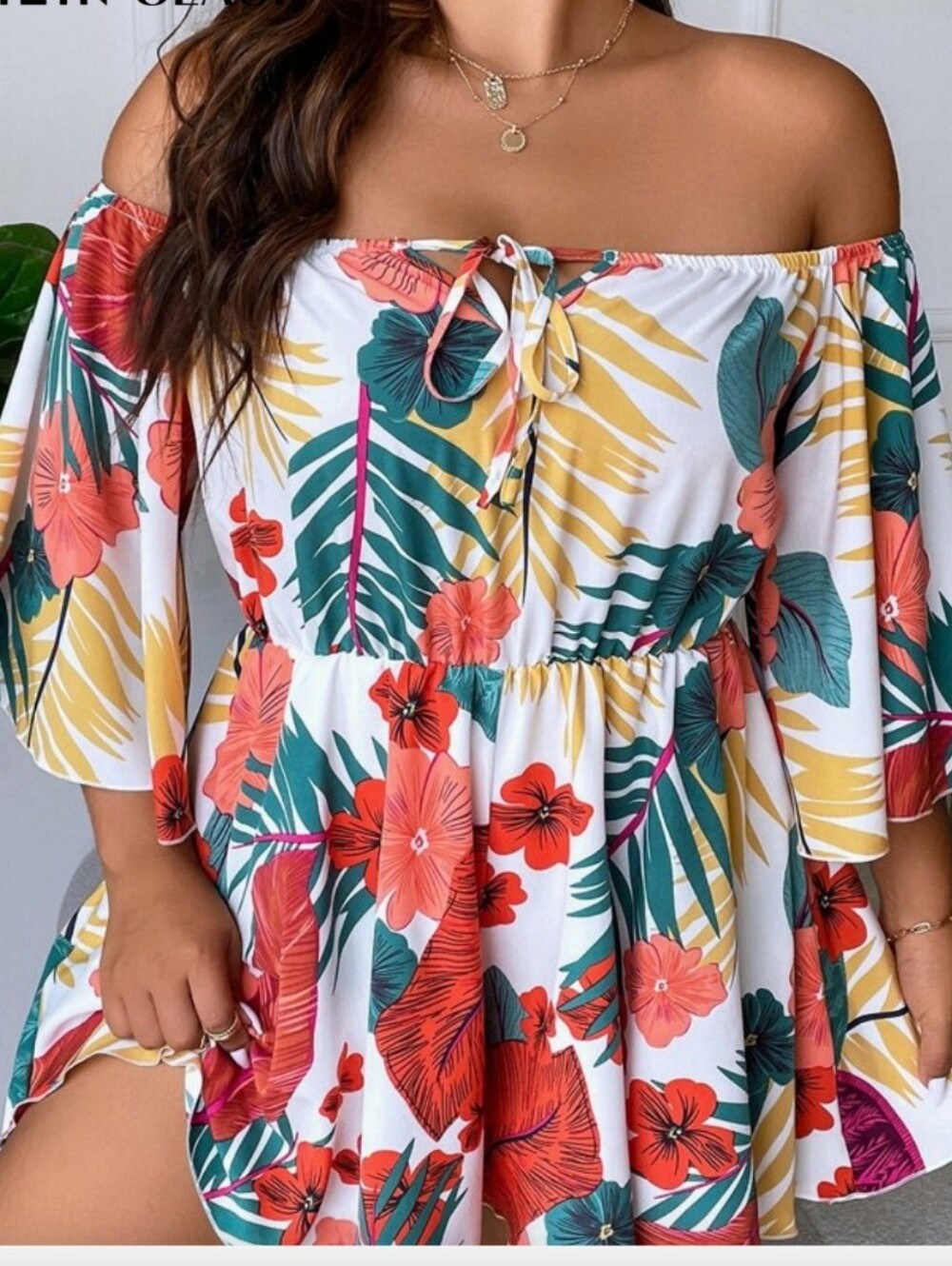 SHEIN Tropical Off-Shoulder Floral Romper - White, Coral & Green Size OX